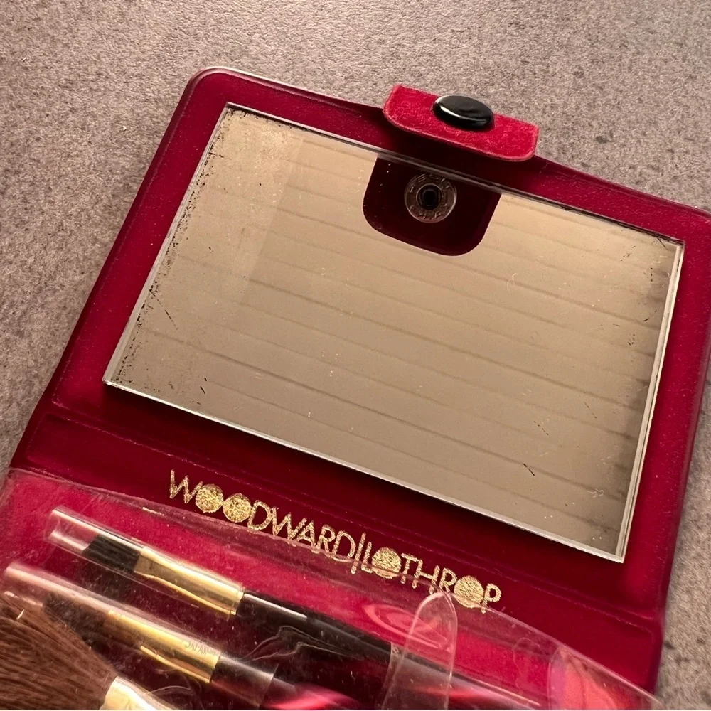 Vintage Woodward & Lothrop Red Makeup Brush Set Compact Mirror Travel Case
